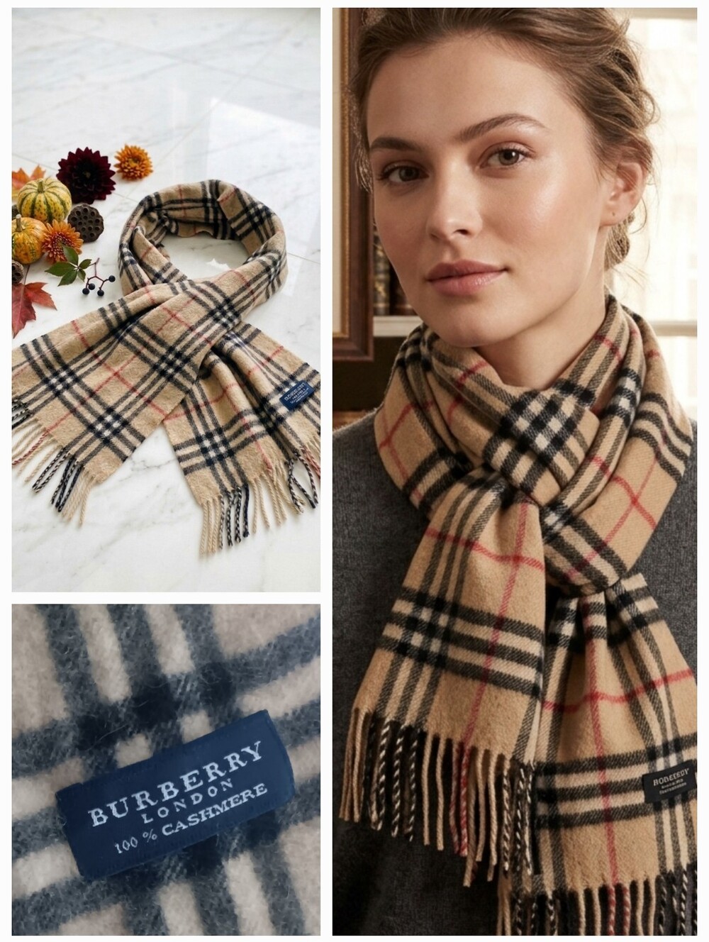 Vintage Burberry London Beige Cashmere Check Scarf 🍁